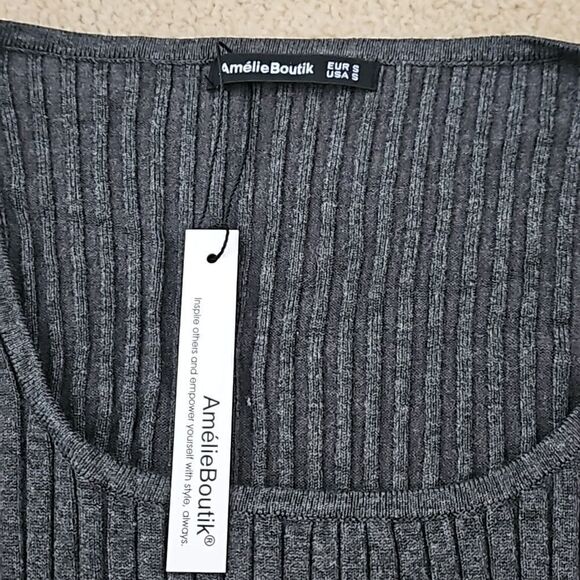 AmélieBoutik Women Scoop Neck Long Sleeve Scalloped Cuff Ribbed Sweater Gray S - Picture 6 of 10